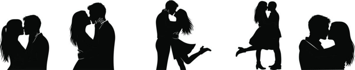Couples kissing in romantic poses, silhouette love scenes, emotional embrace moments, black and white theme, flat vector illustration, passion art