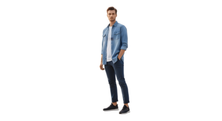 Man in denim shirt and dark pants stands confidently looking forward.