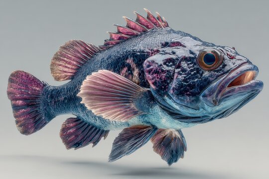 Whole blackened rockfish jumping out of water with clean sharp focus on plain background, professional food photography with soft shadows.