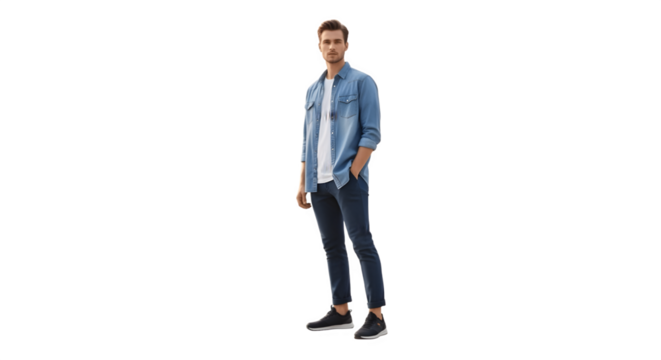 Man in denim shirt and dark pants stands confidently looking forward.
