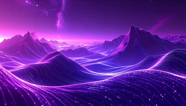 A vibrant vista showcases abstract mountains, bathed in celestial purple, dotted with sparkling streams under a starry night sky - Powered by Adobe