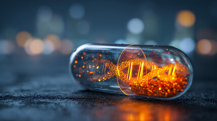 Innovative DNA medicine concept with glowing helix inside capsule for future biotech, pharmaceutical, and modern healthcare solutions, a futuristic remedy