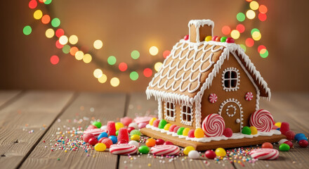 Festive Gingerbread House With Candies And Bokeh Background.