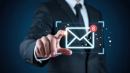 Professional businessman touches digital envelope icon with notification badge, symbolizing important incoming communications and digital marketing success.