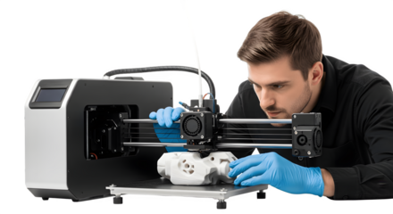 Male engineer meticulously working on a modern 3D printer machine.