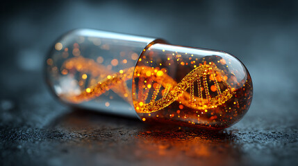Innovative medicine concept showcasing glowing DNA helix inside capsule, promising future health solutions and advanced medical research with breakthrough technology