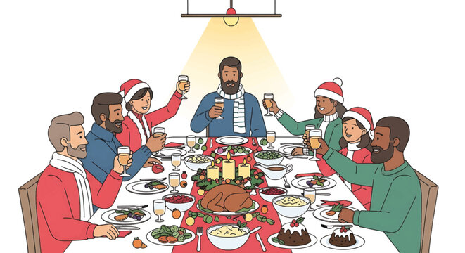 Joyful holiday dinner gathering illustration featuring diverse friends and family toasting around a festive table adorned with traditional food and decorations - Powered by Adobe