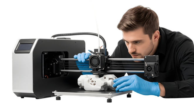 Male engineer meticulously working on a modern 3D printer machine.
