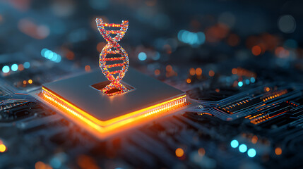 Explore cutting-edge genetic engineering with stunning DNA model on a futuristic circuit board, representing science innovation and modern medical technology