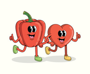 love and bell pepper character groovy cartoon illustration