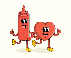 love and chili sauce character groovy cartoon illustration