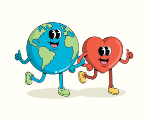 love and earth character groovy cartoon illustration