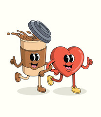 love and coffee character groovy cartoon illustration