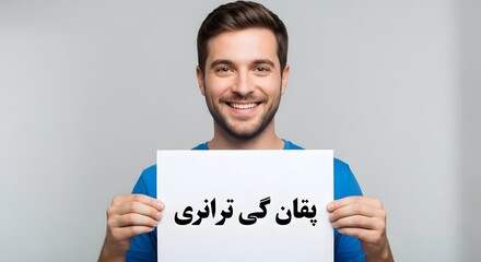 A smiling young man with a beard holding a white sign with text in a foreign language on a plain gray background