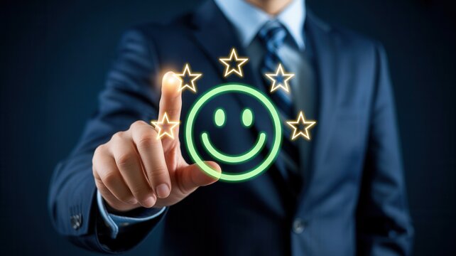 Professional business person selects top rating, emphasizing excellent customer satisfaction and positive feedback with glowing stars.
