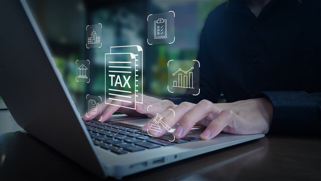 Laptop Based Digital Tax Interface with Finance, Legal, and Government Icons