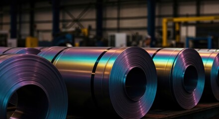Obraz premium Steel coils: An industrial scene showcasing rows of steel coils, highlighting the textures and iridescent colors.