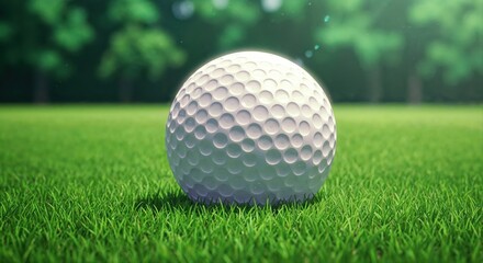 Obraz premium Golf Ball on Green: The classic golf ball, its dimpled surface, rests poised atop a manicured green, the essence of a serene game under a canopy of trees.