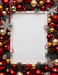 Classic red and gold Christmas flatlay with ornaments and pine cones on white background