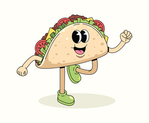 taco walk character groovy cartoon illustration.