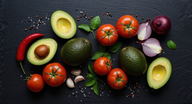 Vibrant Culinary Ingredients: A vivid assortment of fresh culinary ingredients, arranged artfully on a dark surface, inviting the viewer into the world of flavors and textures. - Powered by Adobe