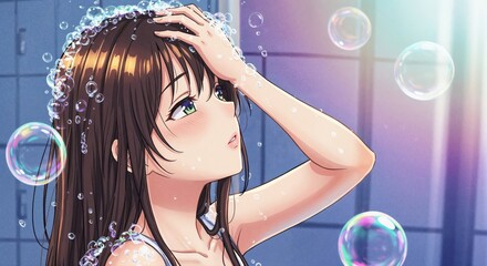Naklejka premium Serene Shower Moment: A young woman enjoys a refreshing shower, her skin kissed by gentle water, with bubbles floating around her and sunlight filtering through. 