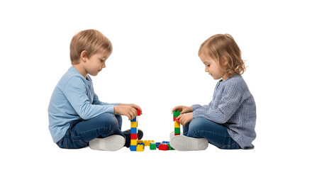 Two young children playing with colorful building blocks on the floor.