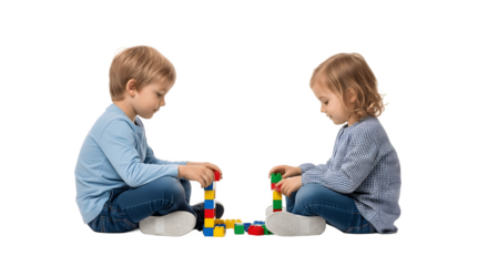 Two young children playing with colorful building blocks on the floor.