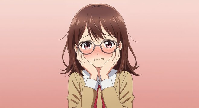 Anime Girl's Delicate Embarrassment: Capturing a shy, adorable girl, her rosy cheeks and downcast eyes revealing a sweet and tender moment of vulnerability and timidity.
