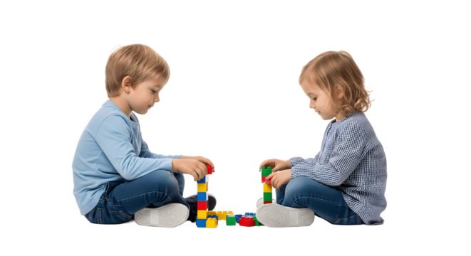 Two young children playing with colorful building blocks on the floor.