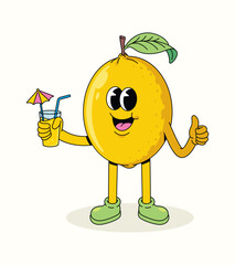 lemon drink thumbs up character groovy cartoon illustration