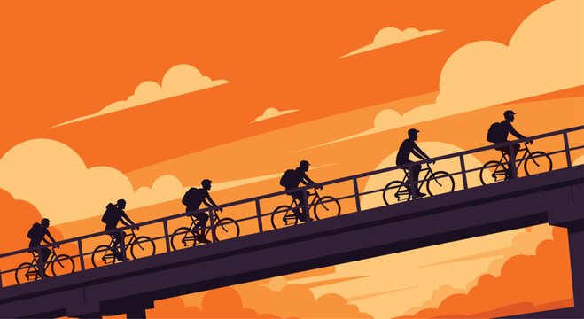 Sunset ride illustration showing cyclists silhouetted on bridge perfect for travel, fitness, or adventure campaigns