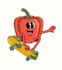 bell pepper skateboard style character groovy cartoon illustration