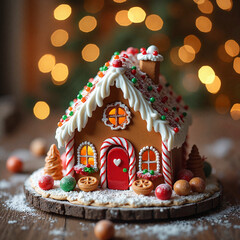 Gingerbread cottage photo in cozy rustic style in amber and pastel dessert centerpiece for winter parties