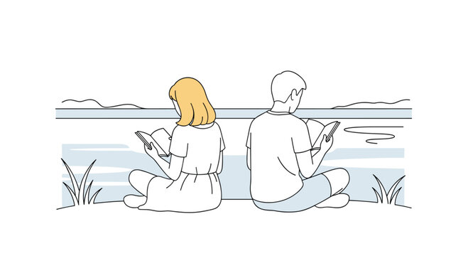 Enjoying a peaceful afternoon reading together by the water, a serene moment of relaxation and shared interests