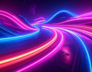 A vibrant, futuristic landscape showcasing flowing curves of neon light, creating a dynamic, abstract artwork with a cosmic background