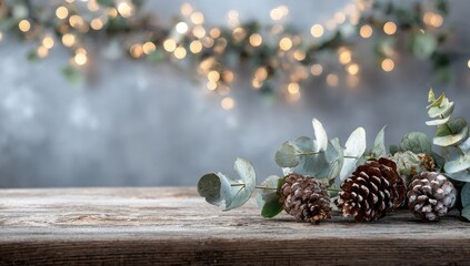 Rustic Christmas tabletop vignette with eucalyptus and pine cones, soft bokeh lights