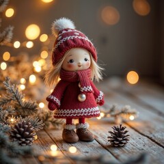 Handcrafted holiday figurine still life in warm reds celebrating seasonal home decor