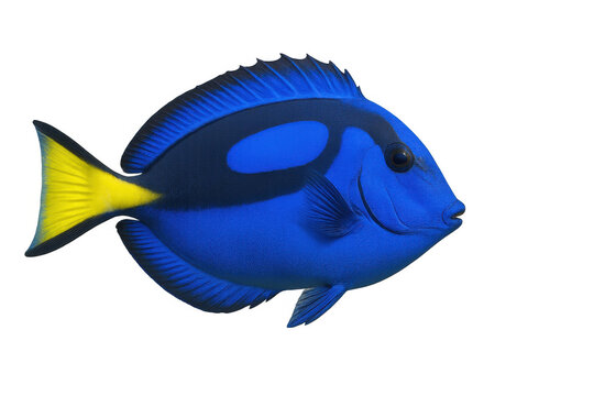 Regal blue tang tropical fish, also known as palette surgeonfish, with blue body and yellow tail, clear background
