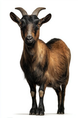 Full body of a tan goat with horns standing on a white background, goat standing full body view isolated on a transparent background animal farm animal