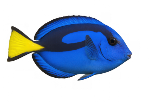 Blue tang fish, a popular royal palette surgeonfish or dory, swimming with a bright yellow tail, on transparent background