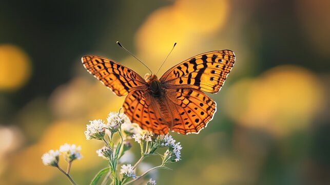 Close-up of a butterfly perched on a vibrant wildflower in natural sunlight, macro nature photography with colorful insects and blooming flora