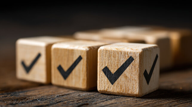 Checkmark Cube on Wooden Table: A collection of wooden cubes with crisp checkmarks displayed against a blurred background, conveying a sense of progress, confirmation, and task completion.