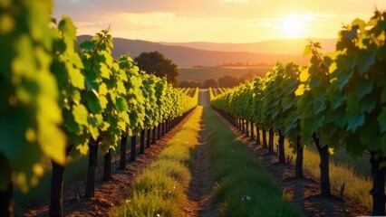 Naklejka premium Golden Hour Vineyard Rows A Pathway Through Lush Foliage and Serene Sunset Landscapes