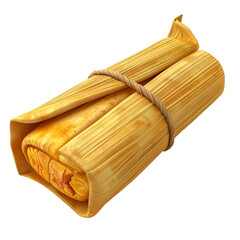 Delicious single tamale wrapped in a corn husk tied with string.