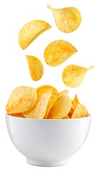 Chips falling into a white bowl, golden and crispy, against a white background