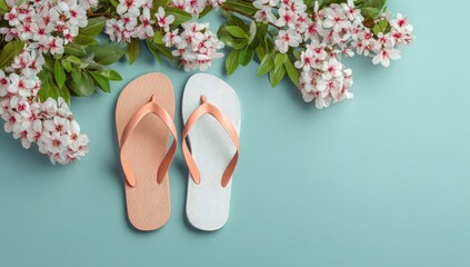 Pastel flip-flops beside spring blossoms on a mint-colored background