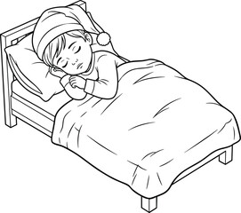 Sleeping child in cozy bed, peaceful night illustration, bedtime routine, cute kid resting, black and white drawing, nursery art, calm sleep