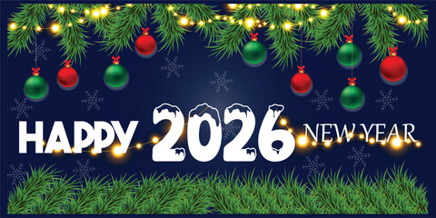 2026 Christmas and Happy New Year Vector – Holiday Celebration Background with Festive Decorations and Typography