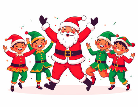 Festive Santa Claus and Elves Celebrating Christmas with Joy.